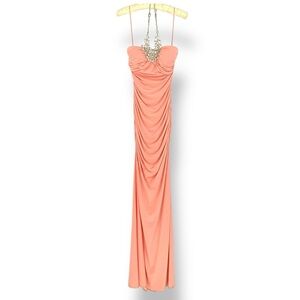 Cache Elegant Rhinestone Embellished Coral Pink Evening Gown (flawed)
